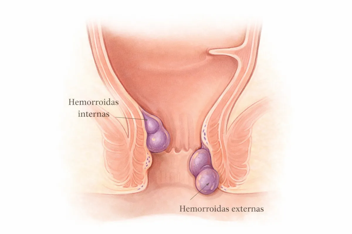 Ilustracao comparativa de hemorroidas internas e externas