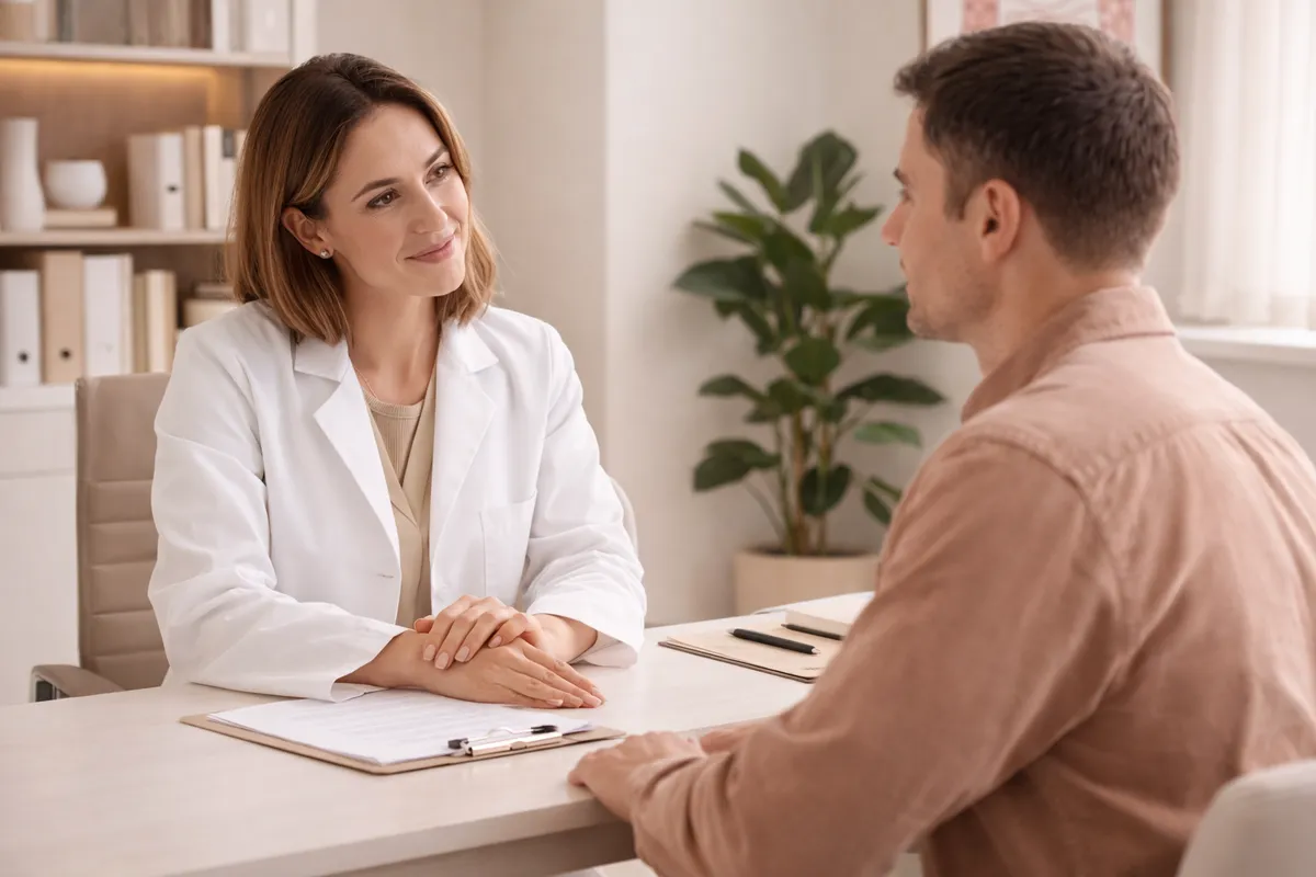 Coloproctologista em consulta acolhedora com paciente no consultório