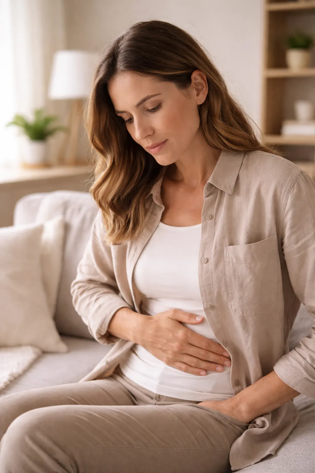 Mulher com desconforto abdominal — sintomas que não devem ser ignorados